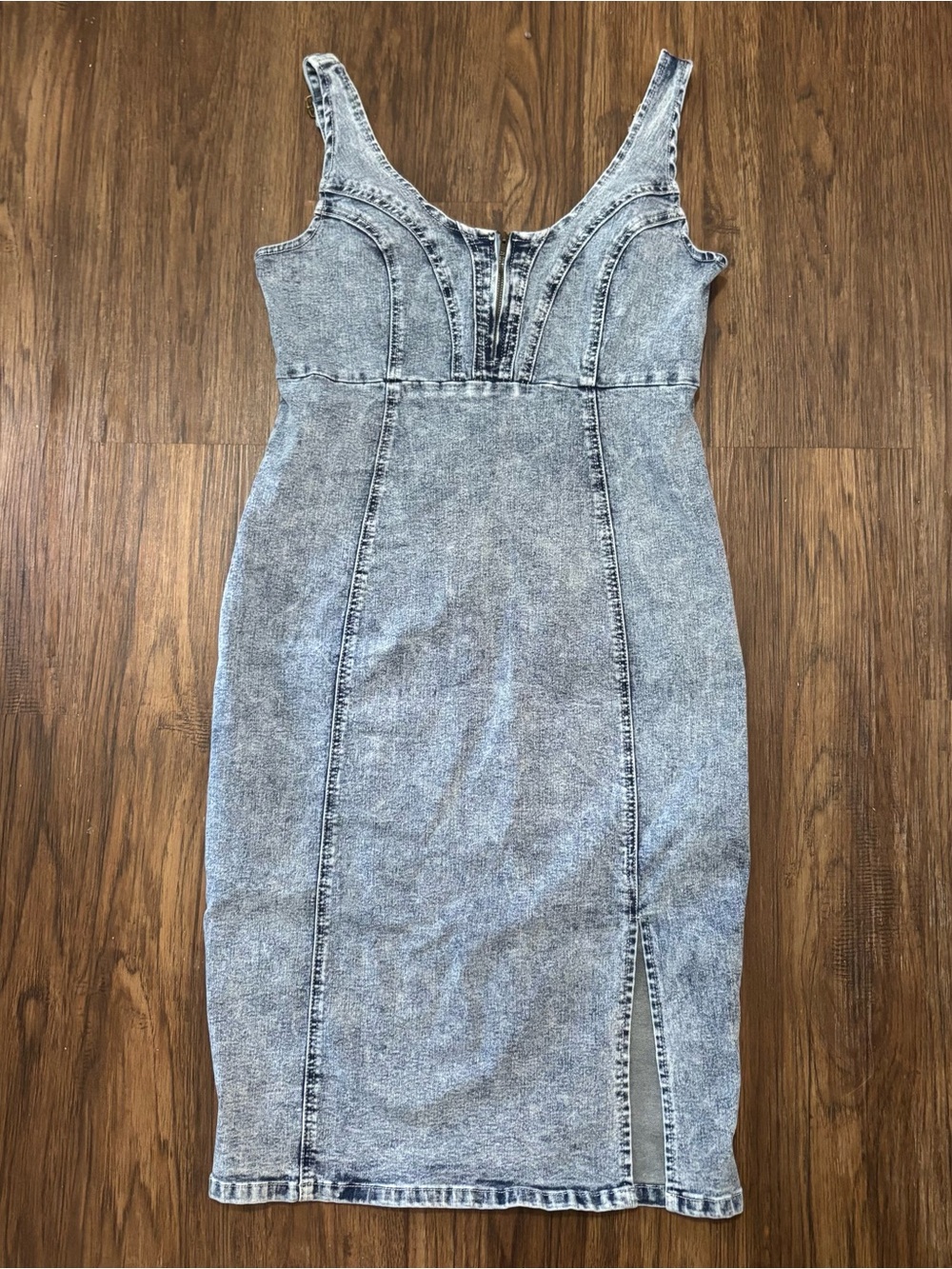 Stretch Denim Corset Bodycon Midi Dress Zip Detail Size L
